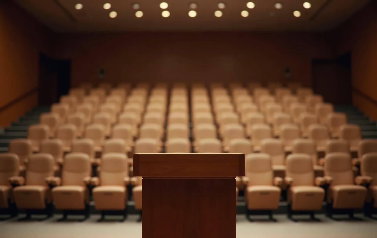 An empty lectern in front of rows of empty seats