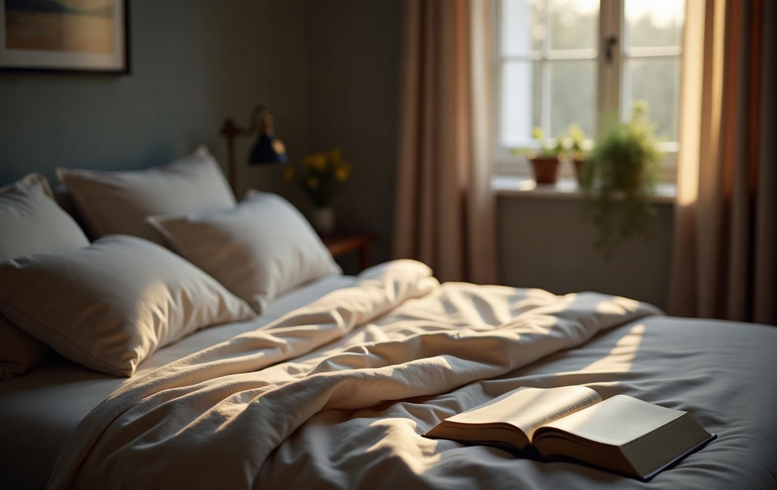 A neatly made bed in a dim, quiet bedroom