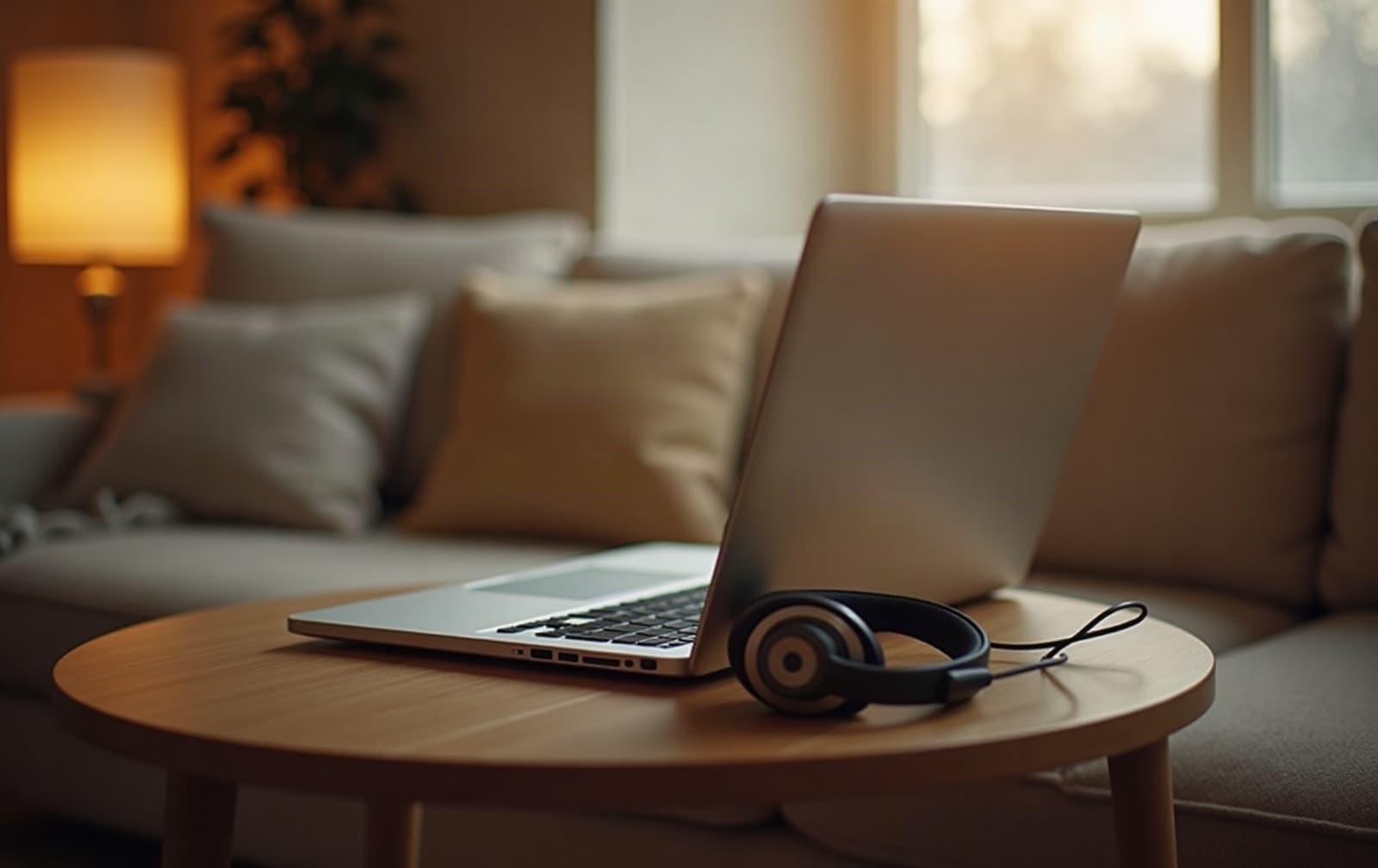 A laptop and headphones in a calm corner of a home
