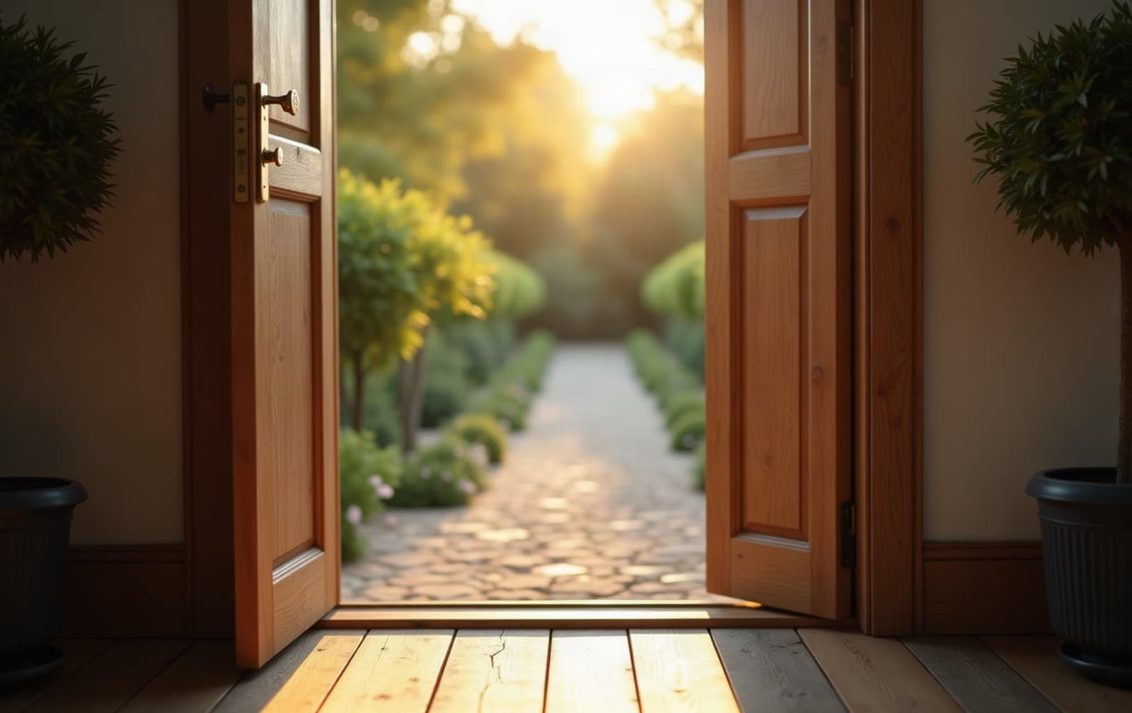An open door leading onto a sunlit garden path