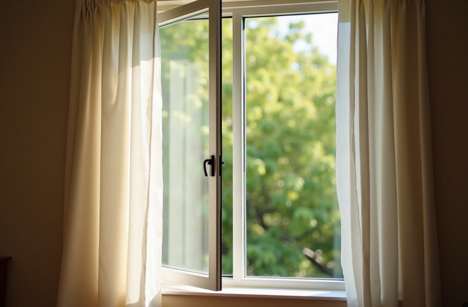 An open window with a sheer curtain and green trees outside