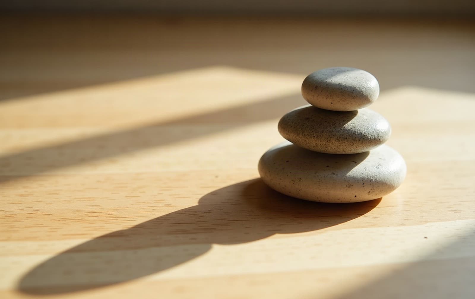 Smooth stones balanced on a wooden surface