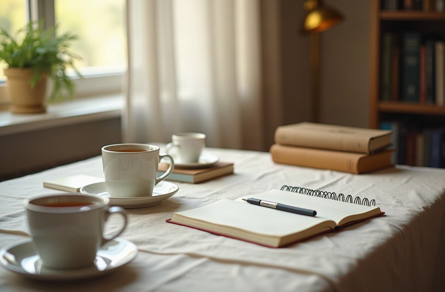 A writing desk with an open notebook and a cup of tea