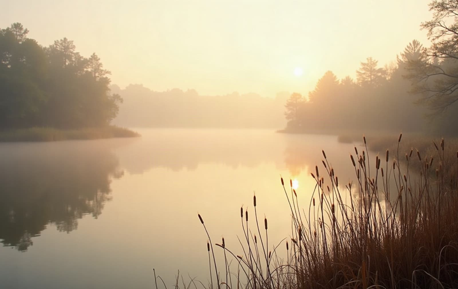 A still lake at dawn with light mist