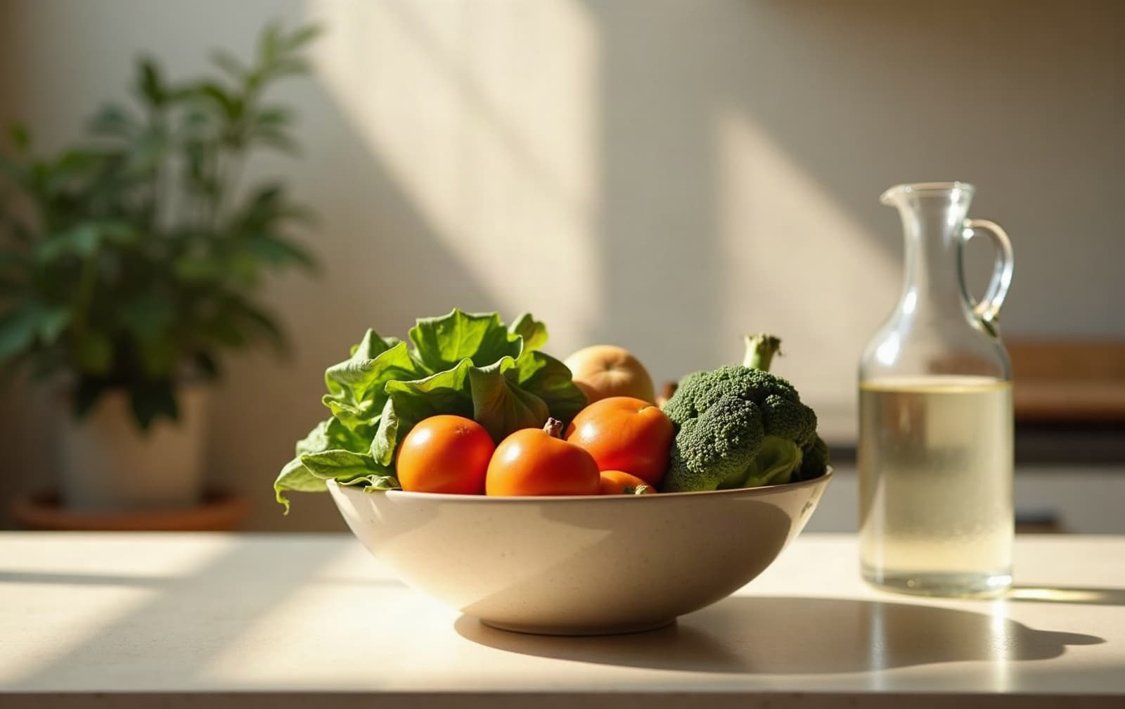 A bowl of fresh vegetables and a jug of water on a kitchen table